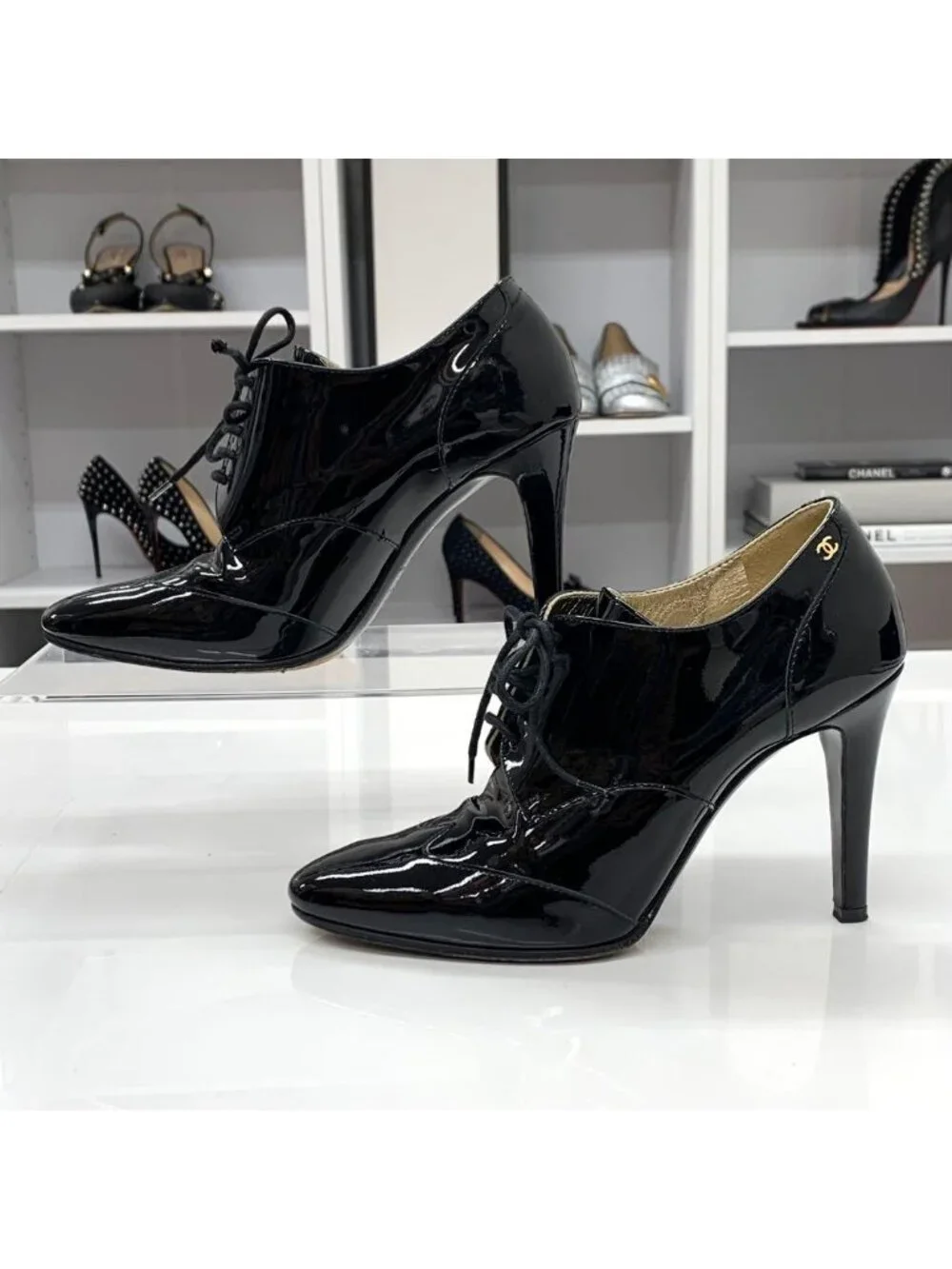 Chanel Patent CC Logo Lace-up Booties Black Boot